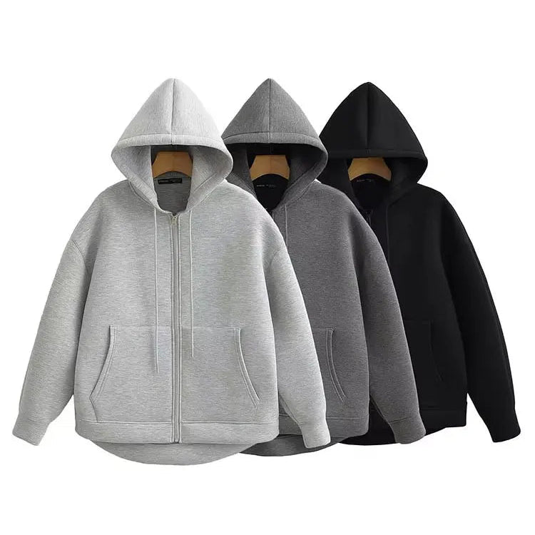 HH Autumn Women Gray Jacket With Hood Long Sleeve Big Pocket Zipper Jacket Coat Woman Loose Casual Outerwear Coat Tops