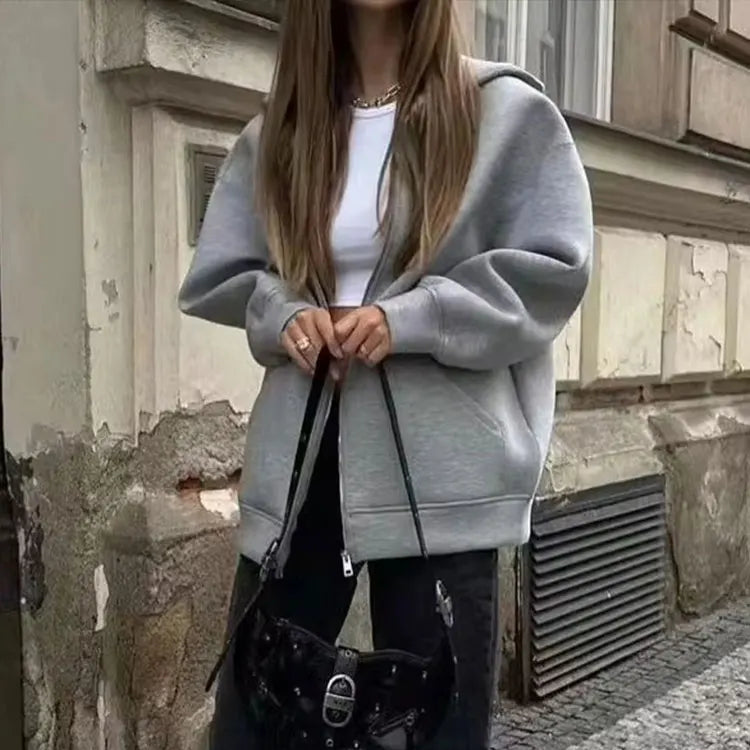 HH Autumn Women Gray Jacket With Hood Long Sleeve Big Pocket Zipper Jacket Coat Woman Loose Casual Outerwear Coat Tops