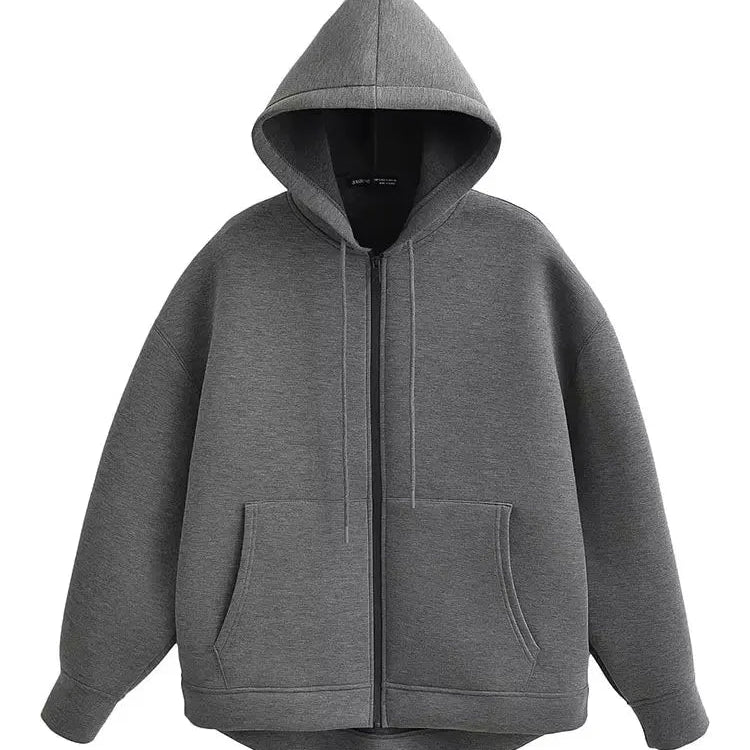 HH Autumn Women Gray Jacket With Hood Long Sleeve Big Pocket Zipper Jacket Coat Woman Loose Casual Outerwear Coat Tops