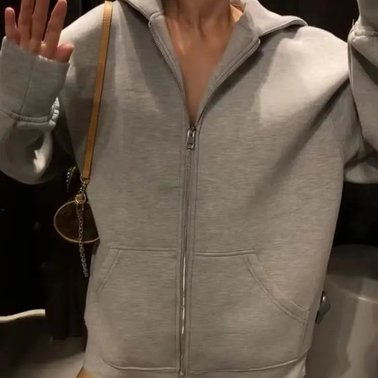 HH Autumn Women Gray Jacket With Hood Long Sleeve Big Pocket Zipper Jacket Coat Woman Loose Casual Outerwear Coat Tops